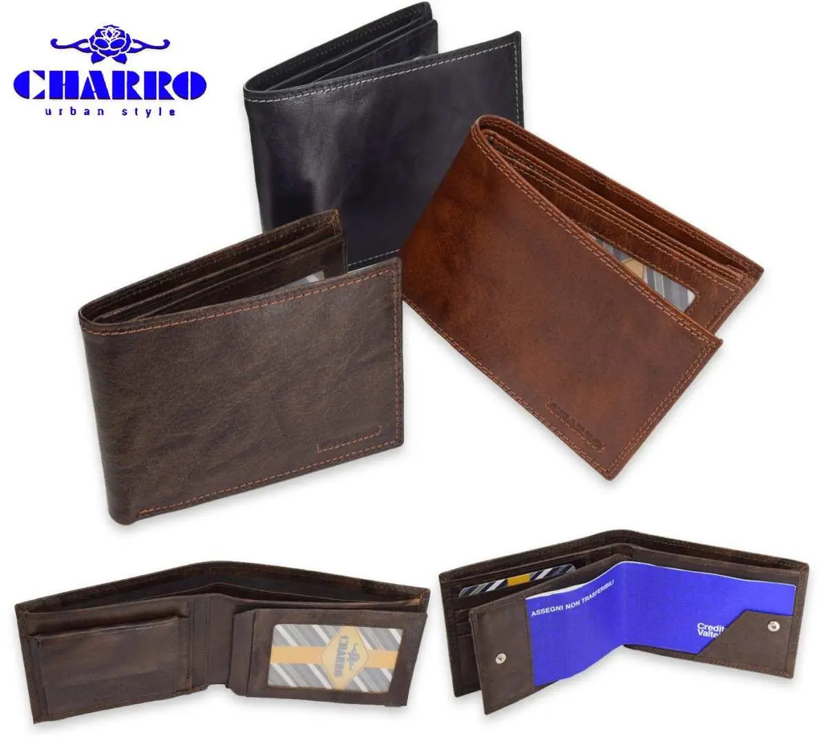 Portafoglio Uomo Charro Porta Assegni Carte Credito Monete Banconote Vera Pelle