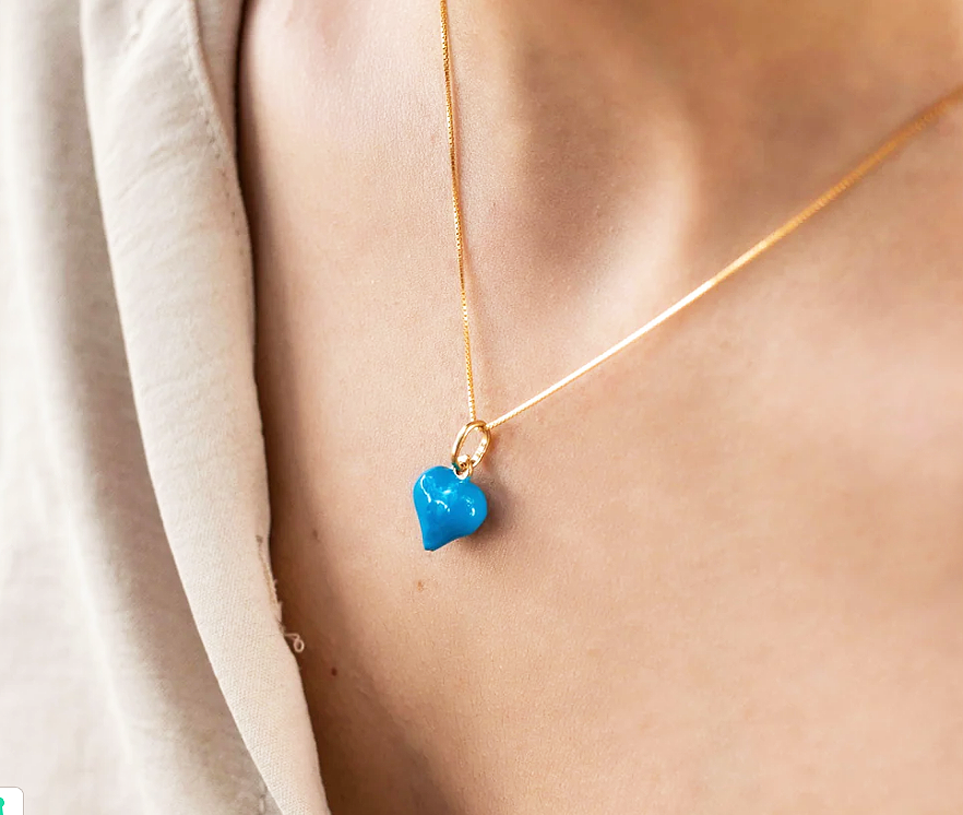 Collana Donna Cuore Azzurro Bombato Argento 925 Dorato Placcato Oro Giallo 18kt - immagine 3