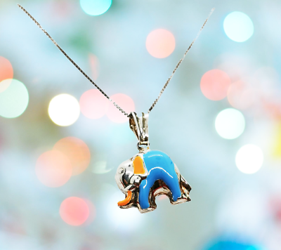 Collana Uomo Donna Argento 925 Con Elefantino Elefante Smalti Colorati Regalo